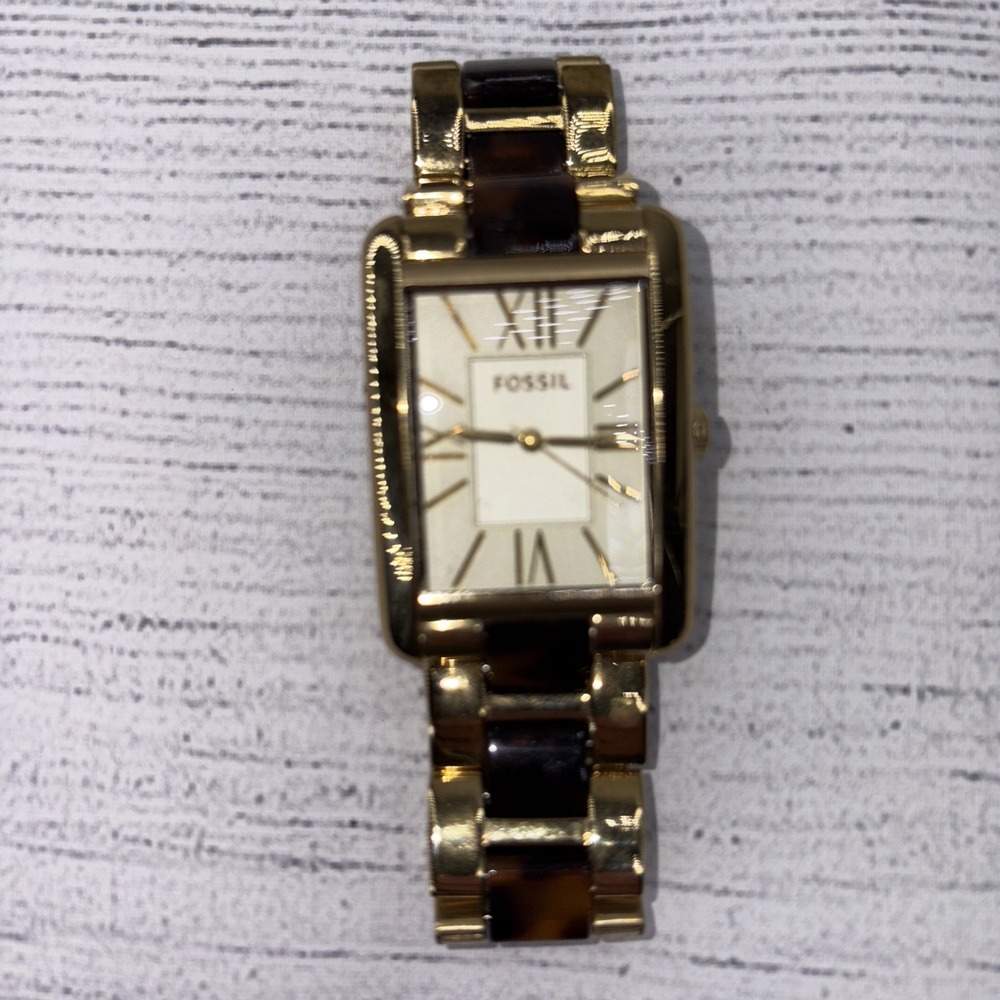 Women's Fossil Dress Watch Gold Toned With‎ Roman Numerals Brown Yellow Band EUC